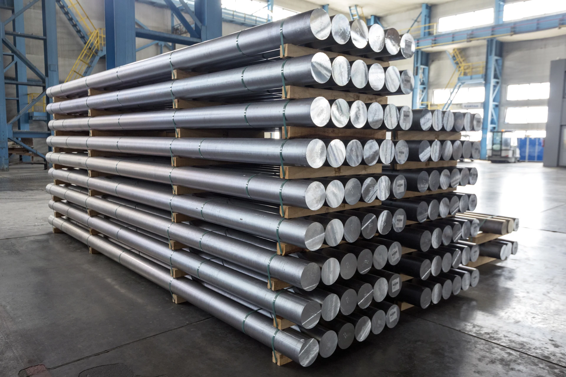 Aluminium billets stacked in an industrial warehouse